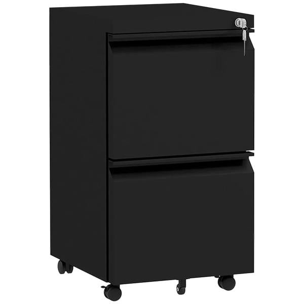 Black steel mobile filing cabinet with two lockable drawers and caster wheels