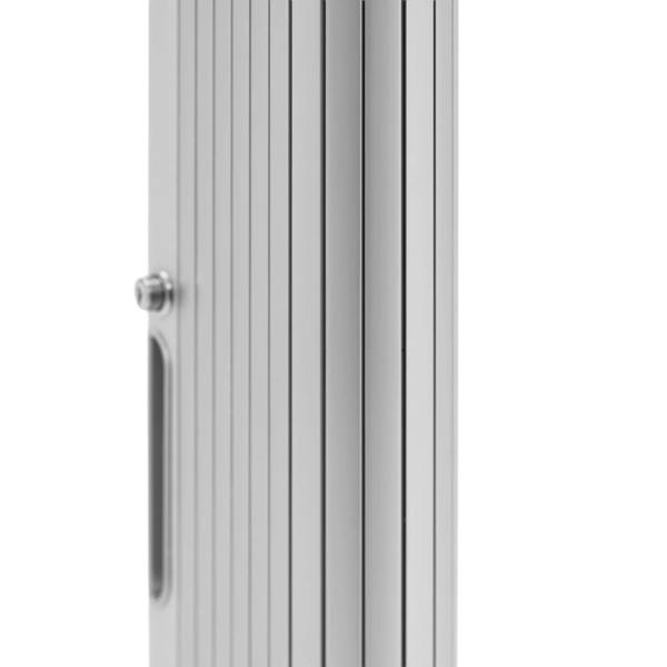 Sleek silver Tambour shower door featuring vertical slats, a smooth finish, and a modern handle for easy access