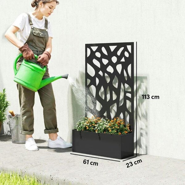 Metal Raised Garden Bed with Trellis, Outdoor Planter Box with Privacy Screen, Elevated Garden Box for Climbing Plants