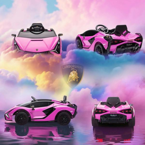 Pink electric kids ride-on car shown from multiple angles