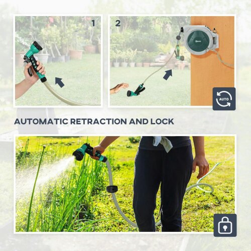 Bobobiy Retractable Hose Reel Wall Mounted, 20+2m Garden Hose Pipe Reel with Lock, 7 in 1 Spray Nozzle, 180° Swivel, 48 x 20 x 42 cm, Light Grey
