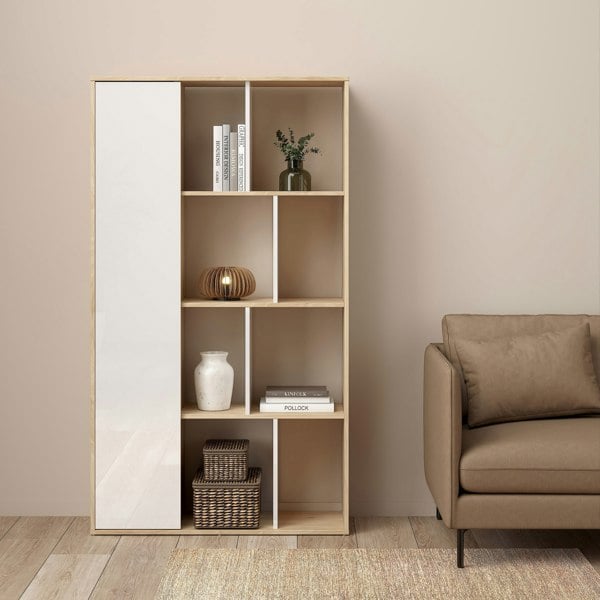 Furniture To Go Maze Bookcase with 1 Door in Jackson Hickory and White High Gloss