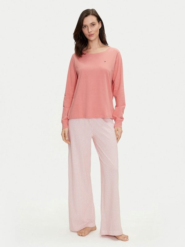 Tommy Hilfiger TH ICON Long Sleeve Jersey Pyjama Set Womens Coral Clay / Mini Geo Pink