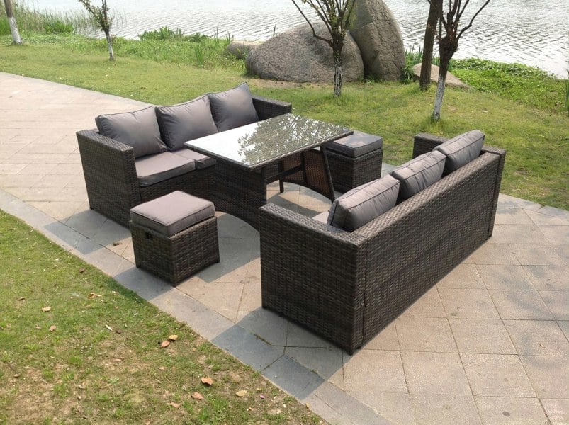 Fimous 8 Seater Lounge Rattan Sofa Set Dining Table Stools Outdoor Garden Furniture
