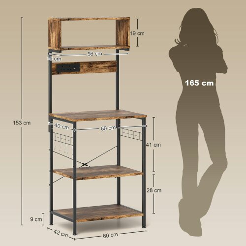 Wyld Haus Raco Kale Wooden Rustic Brown Bakers Rack With Power Outlet USB Charging And Adjustable Shelves