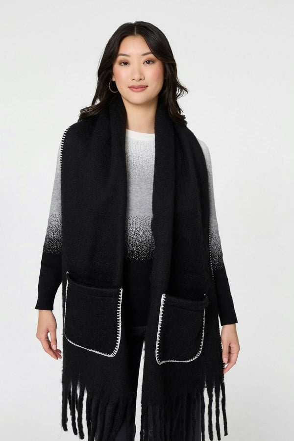 Black | Fringed Contrast Stitch Oversized Scarf
