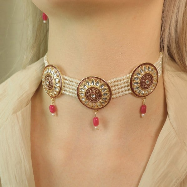 The Colourful Aura Red Round Kundan Ethnic Pearl Bridal Victorian Choker Set