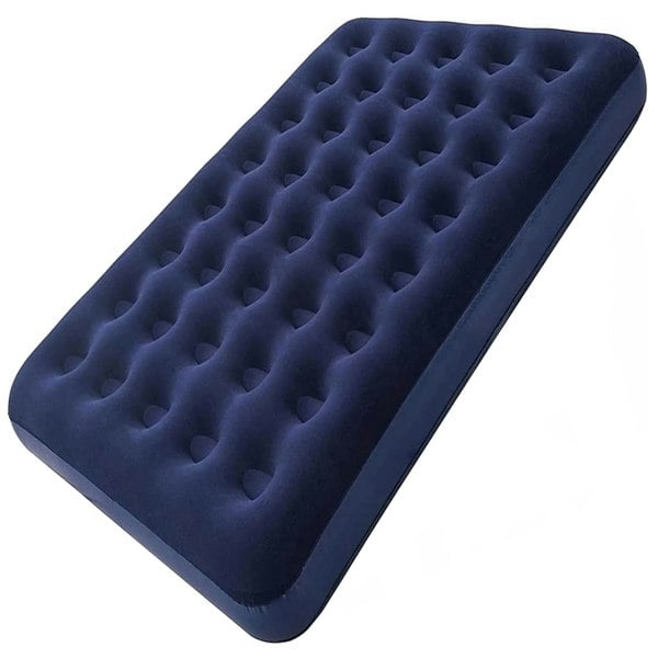 Blue Flocked Inflated Double Air Mattress Ideal For Camping, Festivals & Sleepovers