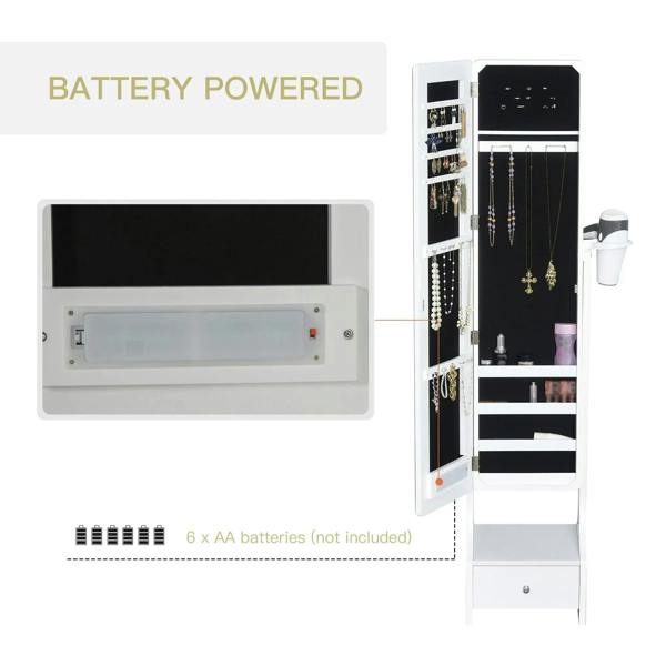 White LED jewelry cabinet mirror with battery compartment and built-in storage shelves