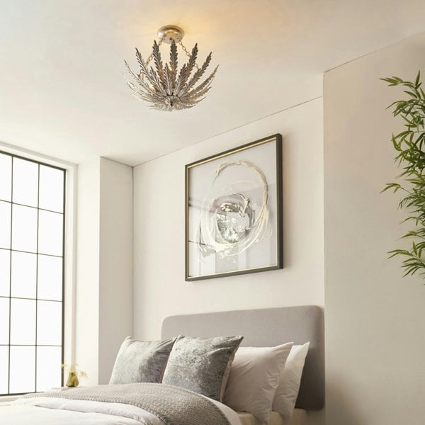 Ornate Silver Flush Ceiling Light Decorative Leaf Design Dimmable 3 Bulb Pendant