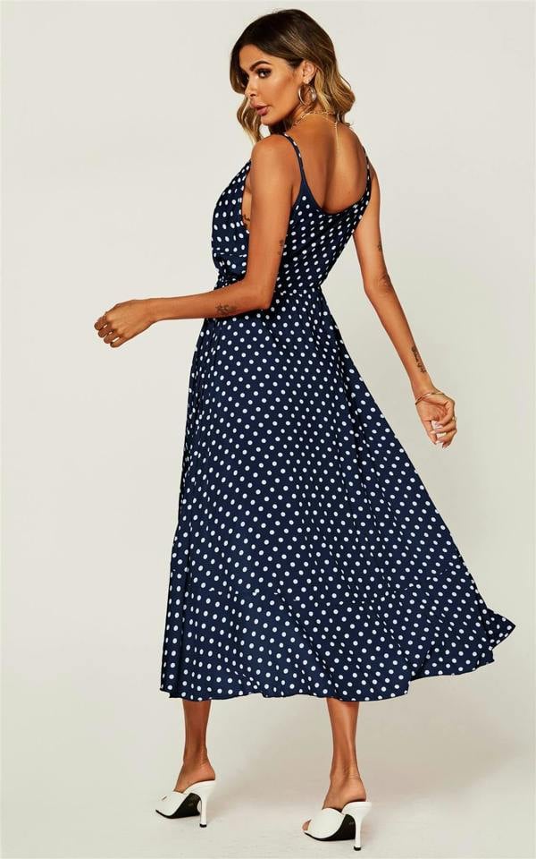 FS Collection Button Down High Low Strappy Dress In Navy & White Polka Dot