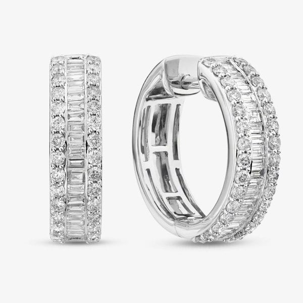 T. H. Baker 9ct White Gold 1.00ct Brilliant & Baguette Cut Diamond Three Row Hoop Earrings THE44487-100