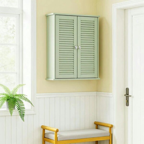 Bathroom Cabinet, Bathroom Wall Cabinet with Louvered Doors and Adjustable Shelf Storage for Kitchen, Light Green