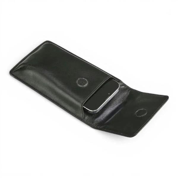 Black women's leather phone purse with compact hands-free
crossbody design.