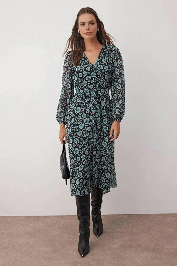 WOVCOR Floral Patterned A-Line Boho Maxi Woven Dress