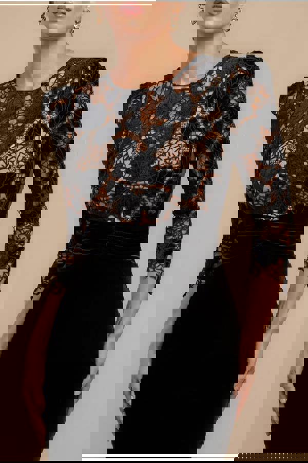 Scalloped Crochet & Velvet Midi Dress - Black DR4652