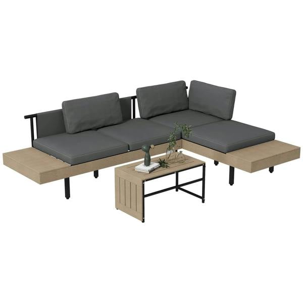 Grey L-shaped outdoor sofa set with padded seats and back cushions