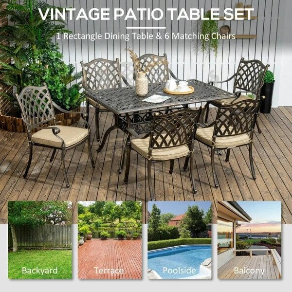 Bobobiy 7 Pieces Garden Dining Set with Parasol Hole, Bronze Tone, 7 PCs