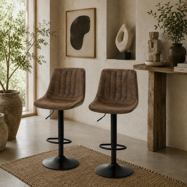 Wyld Haus Rafava Faux Leather Brown Adjustable Breakfast Bar Chairs Set Of 2 With Upholstered Seats