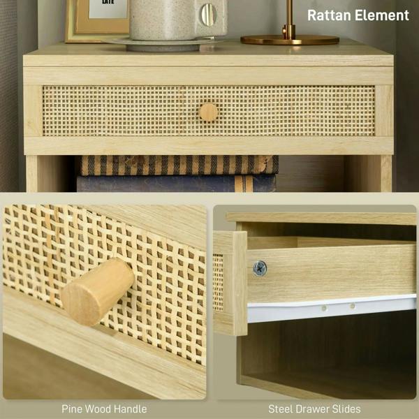 Close-up of natural wood-effect drawer and rattan panel on floating bedside table