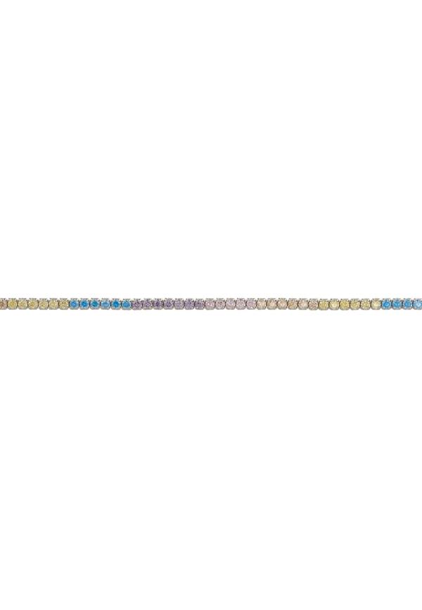 Gold bracelet with small multicoloured stones on a white background