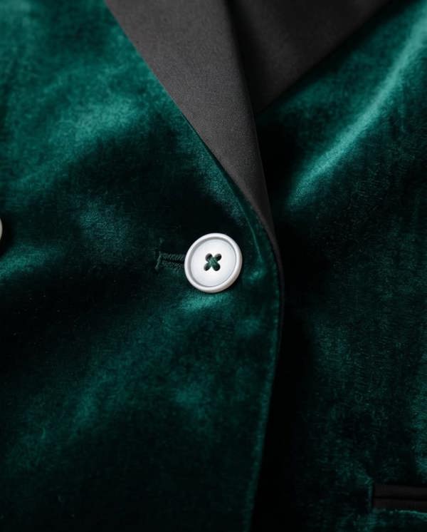 Green double-breasted dinner jacket by PAMONI, tailored fit with peak lapels and satin trim, shown on a hanger.