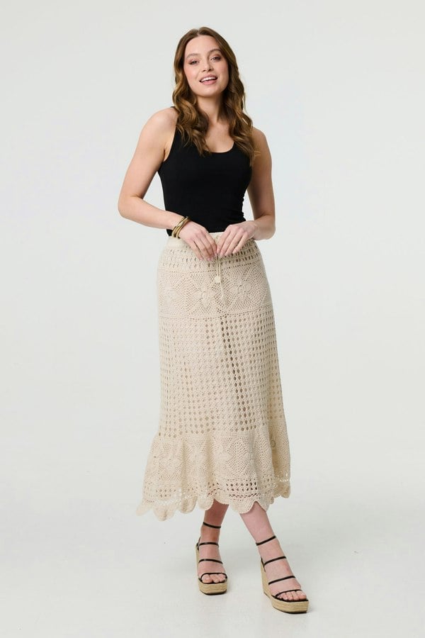 Ivory | Mesh Crochet Texture Tie Waist Midi Skirt
