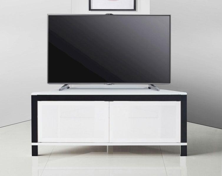 MDA Designs VOLANS Tru-Corner Remote Friendly Doors White/Black Reversible Panel LCD/Plasma/LED TV up to 42" Corner TV Cabinet