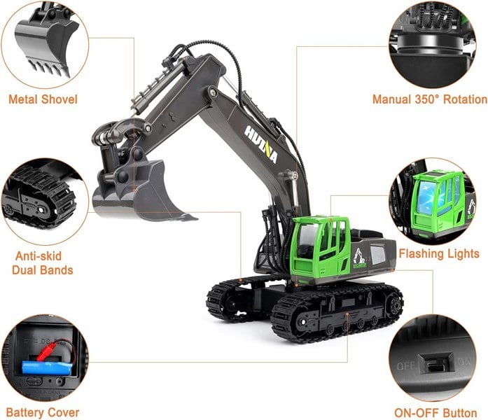 deAO Toys 11-Channel RC Excavator 1:18 Scale – Multifunction Construction Vehicle with Metal Shovel & LED Lights, Fun Toy for Kids