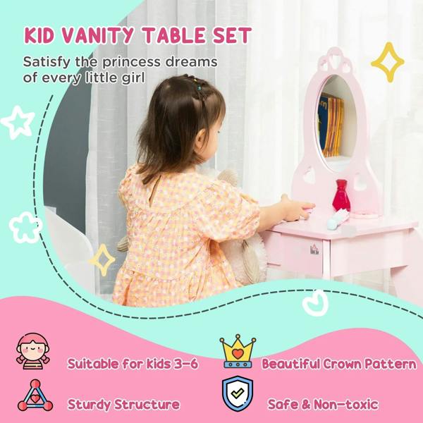 Pink kids vanity table set with oval mirror and included pretend grooming accessories