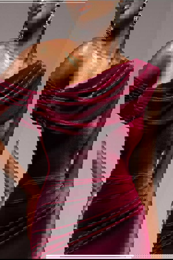 Cowl One Shoulder Velvet Maxi Dress - Burgundy Red DR4504