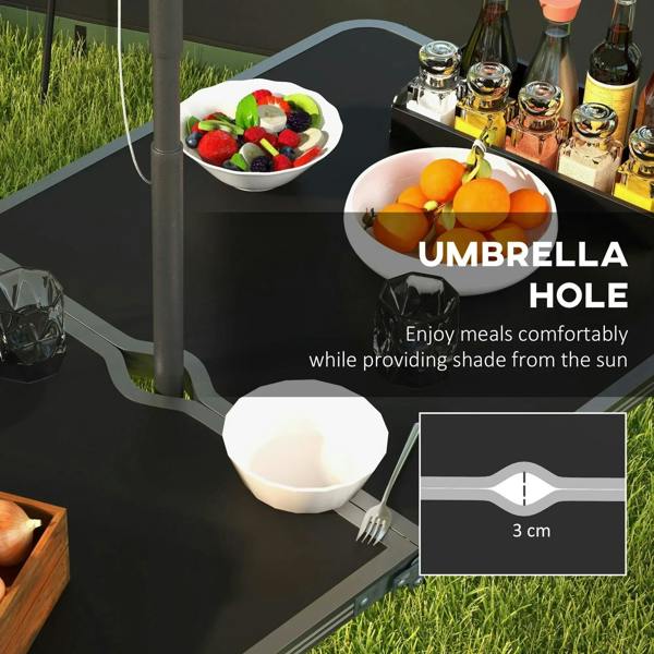 Black foldable picnic table with umbrella hole and foldable stools