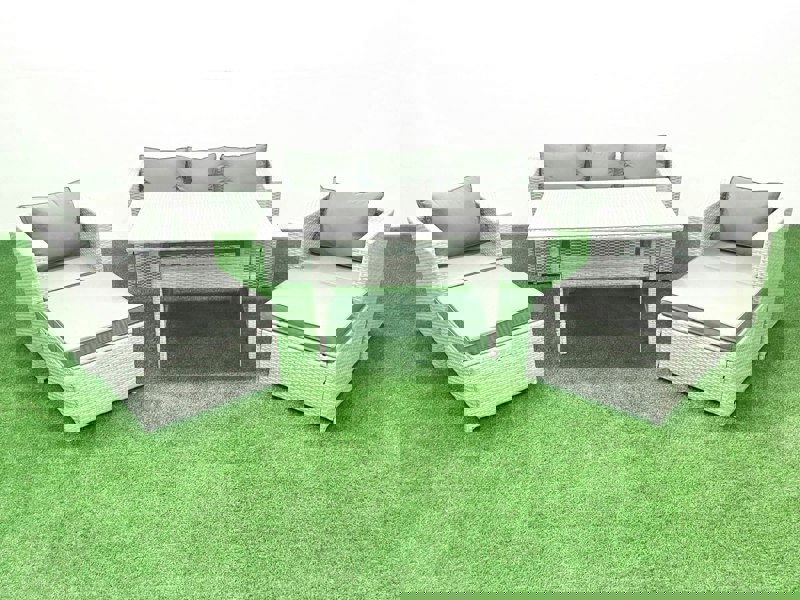 Fimous Garden Dining Set Outdoor Rattan Furniture Set with Sofa Dining Table 2 Chairs 2 Big Footstools Light Grey Mixed