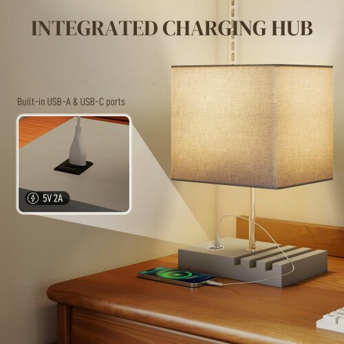 Wyld Haus Kata Wood And Fabric Grey Bedside Table Lamp With USB Charging Ports Phone Stands And Fabric Shade