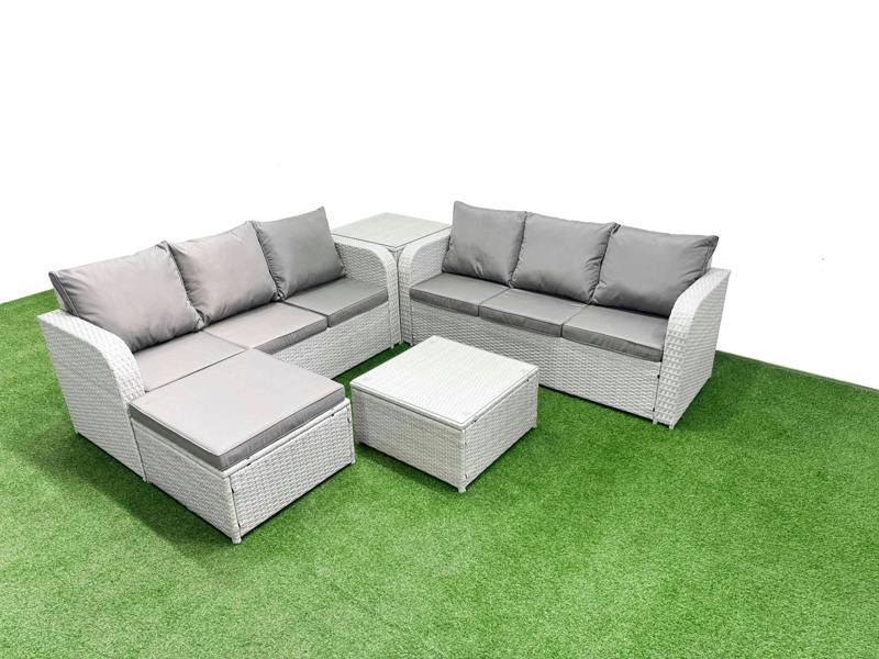 Fimous 7 Seater Wicker Patio Set, Rattan, Square Coffee Table, High Back Lounge Sofa, Big Footstool and Side Table, Light Grey