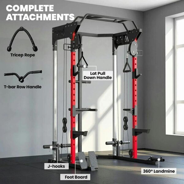 Power Cage, Power Rack with Adjustable Cable Pulley System, Pull-Up Bar, Dip Station, Landmine