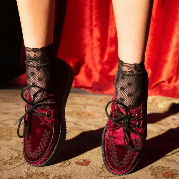 TUK Footwear TUK Viva High Creeper Burgundy Velvet Platform Lace-Up Goth Shoes - AV6802