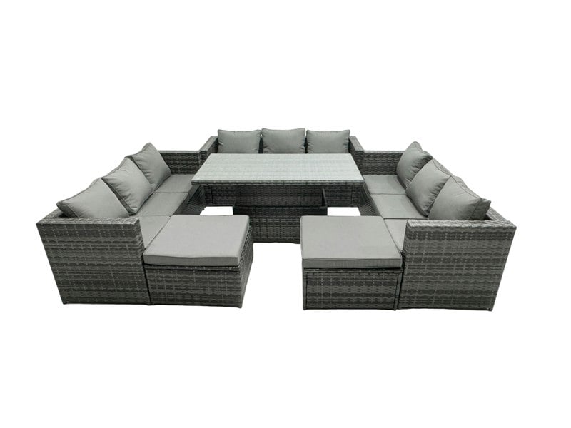 Fimous Rattan Dining Table Sofa Set with 2 Big Stool Outdoor 11 Seat Garden Furniture Set Dark Grey Mixed