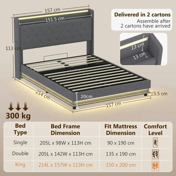Bobobiy 5ft King Bed Frame with Headboard, Platform Bed Frame with Hydraulic Storage, LED Lights and Charging Station, Grey
