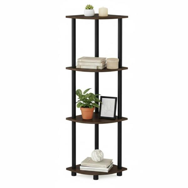 WALPLUS Space-Saving /BK Turn-N-Tube 4-Tier Corner Display Rack Multipurpose Shelving Unit, Dark Brown Grain/Black for Small Spaces - SKU 12078DB-WG
