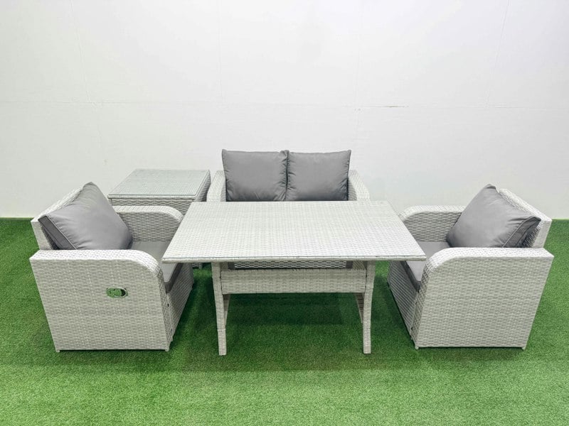Fimous Light Grey PE Wicker Rattan Garden Furniture Set Sofa Set Reclining Chair Rectangular Dining Table 4 Seater With Side Table