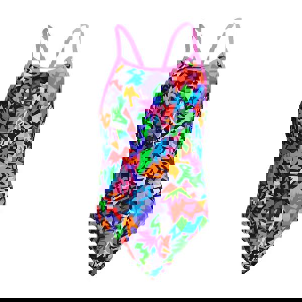 Neon rainbow one-piece swimsuit with abstract pattern and pink straps.