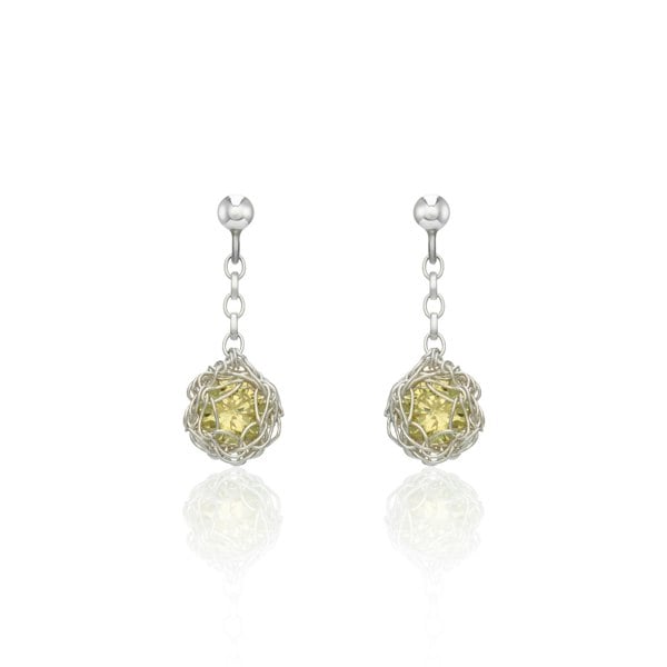 Aelita Jewellery Small Hand Crocheted Fine Silver Dangle Earrings With Yellow Cubic Zirconia