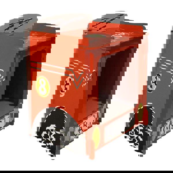 Side view of the nightstand showing off the car themed graphics.