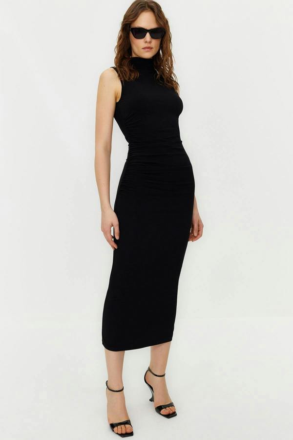 WOVCOR High Neck Sleeveless Draped Bodycon Maxi Dress