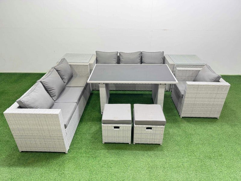 Fimous Patio Garden Furniture Sets with Black Glass Top Dining Table 3 Seater Sofa Armchair 2 Side Tables 2 Small Stool Light Grey