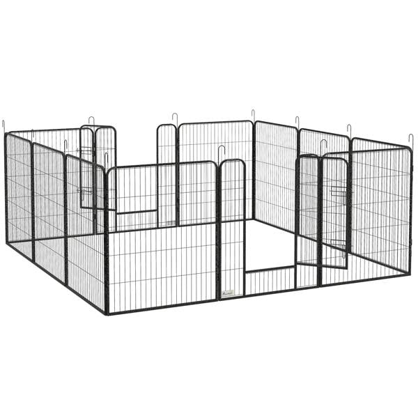 12-panel heavy duty puppy playpen with hinged gates, grey metal wire enclosure