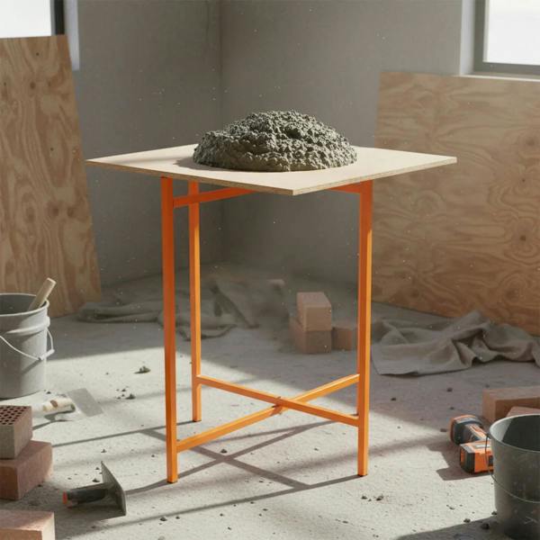 Mortar board stand in bright orange, 750mm high, supporting a mound of wet concrete on a construction site with tools and materials around