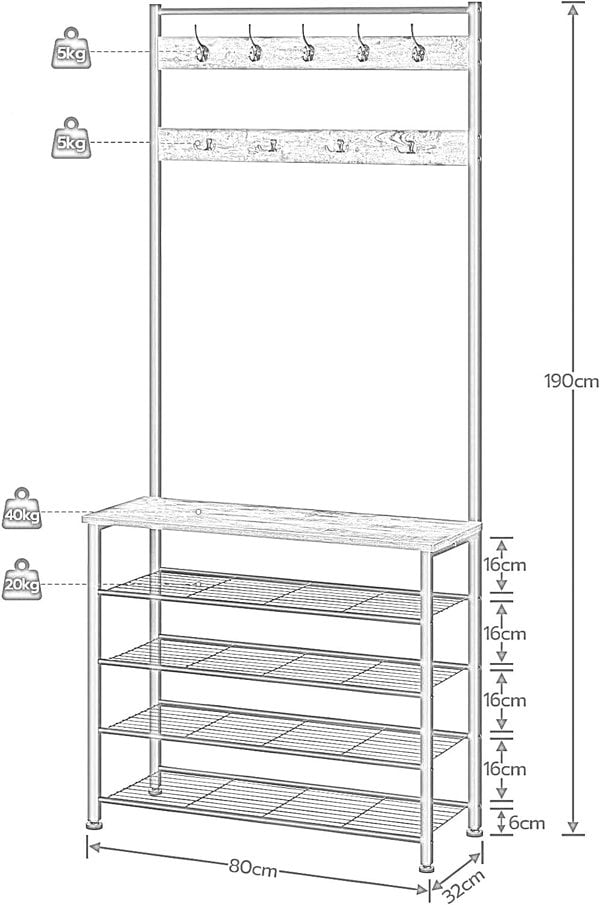 Rafaelo Mobilia Coat Rack Stand With 5 Tier Shoe Bench