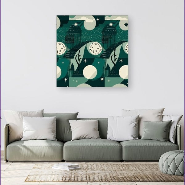 Warren Reed Abstact Green Cream Moon and Stars Canvas